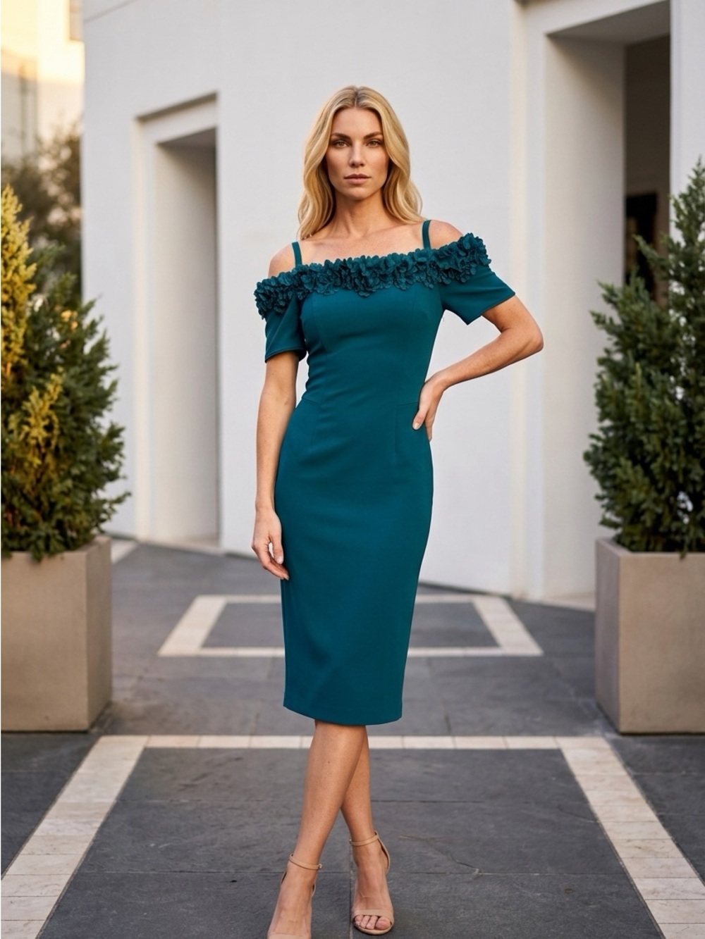 Spring wedding guest dress Teal One-Shoulder Midi Dress with Floral Trim
